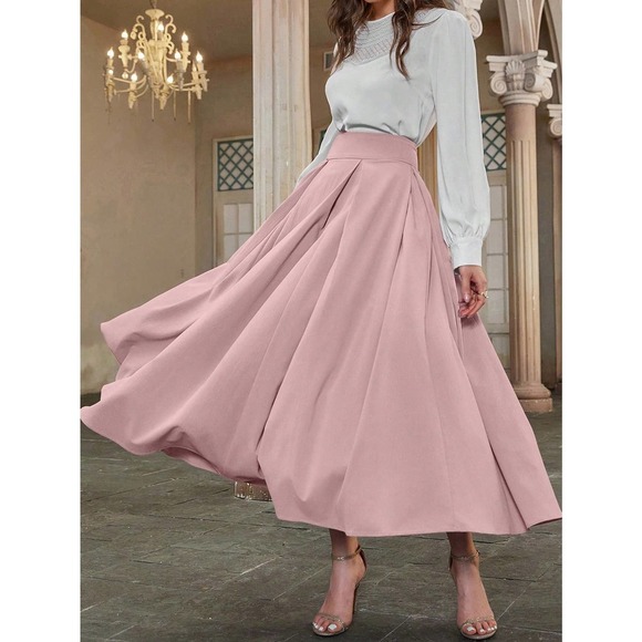 High Waist Pleated Detail Flare midi Skirt business casual light pink - Picture 1 of 11